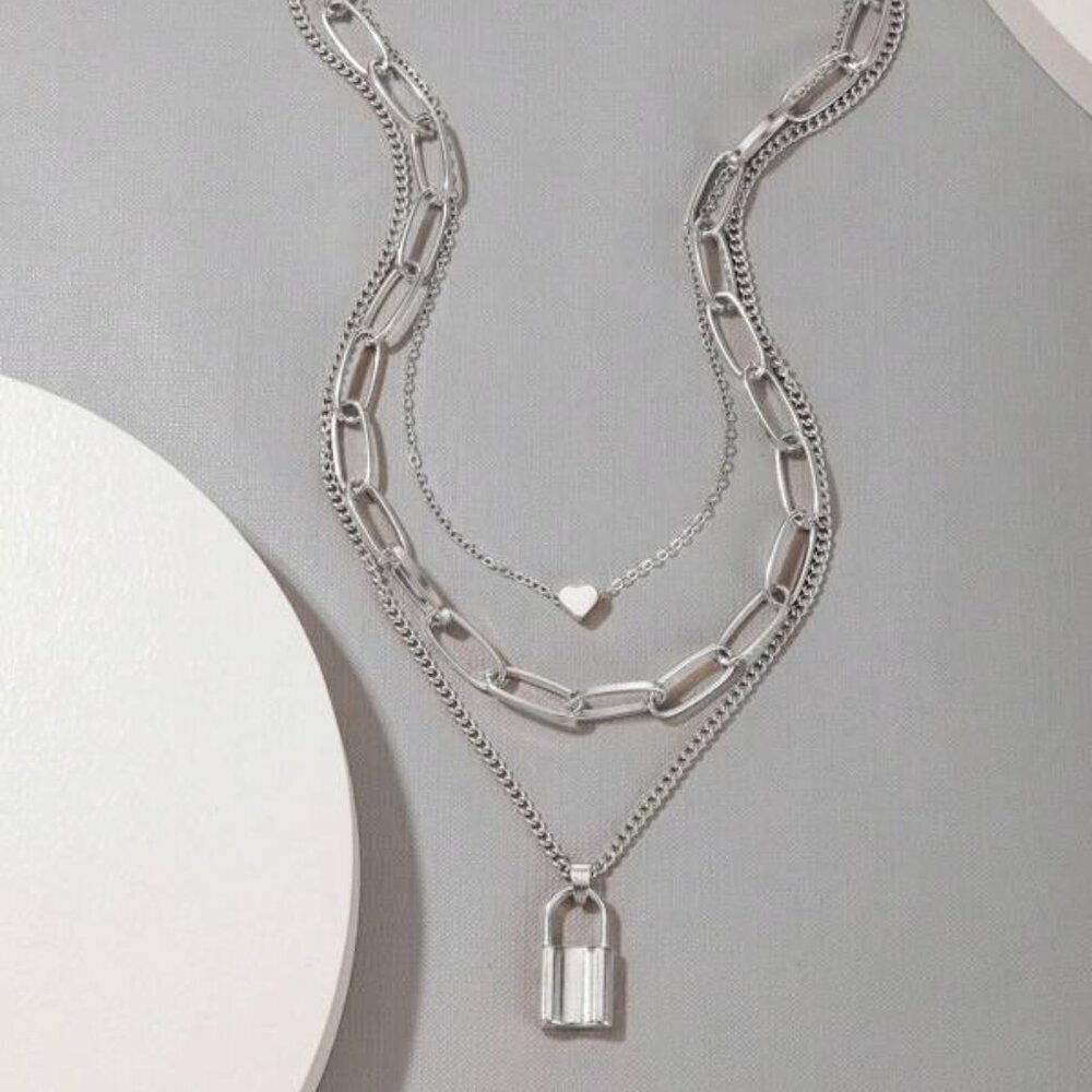 Sterling Silver 3-Layer Chain Necklace | Heart & Lock Pendant